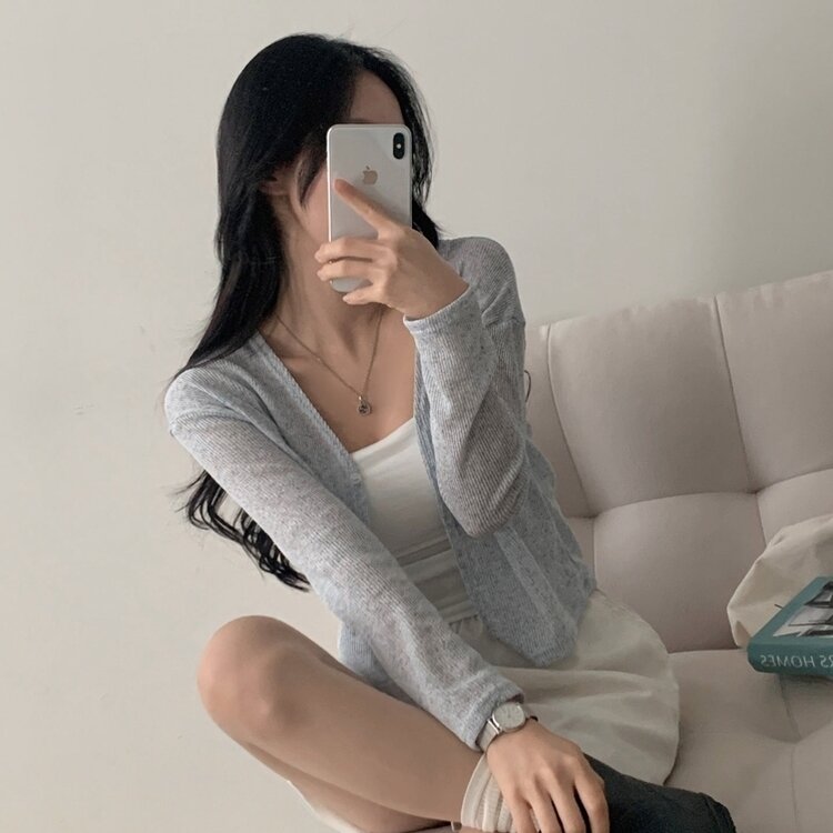 シースルーリネンクロップ長袖ニットカーディガン SKY BLUE