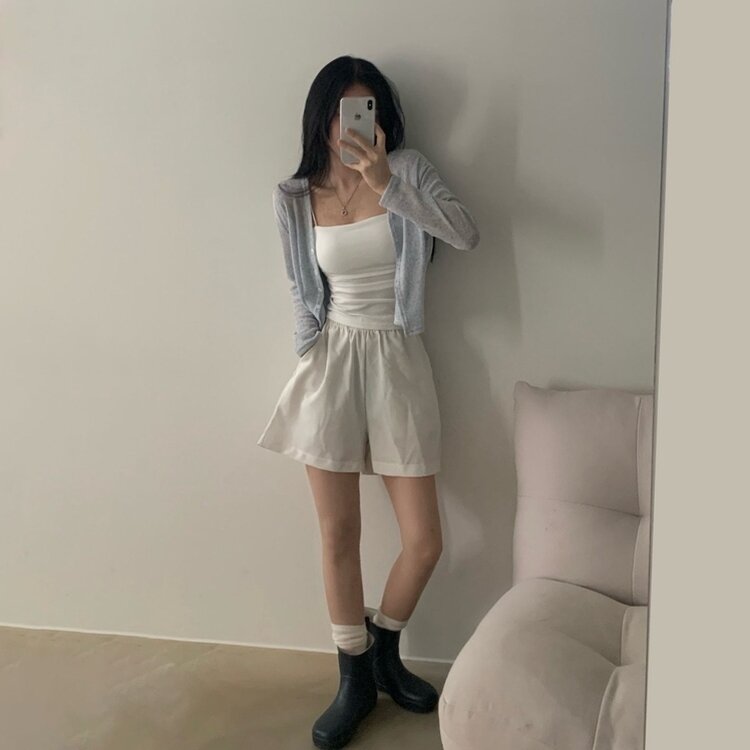 シースルーリネンクロップ長袖ニットカーディガン SKY BLUE