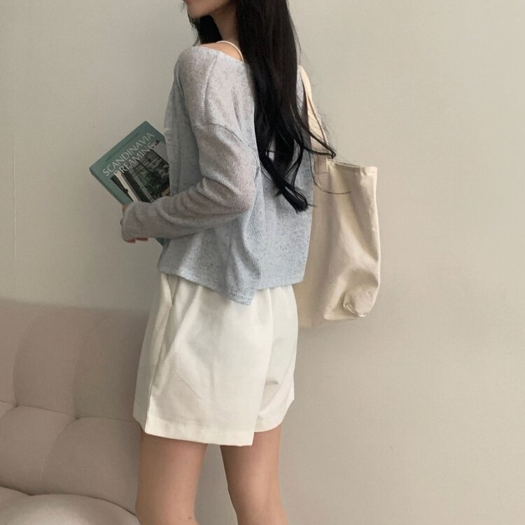 シースルーリネンクロップ長袖ニットカーディガン SKY BLUE