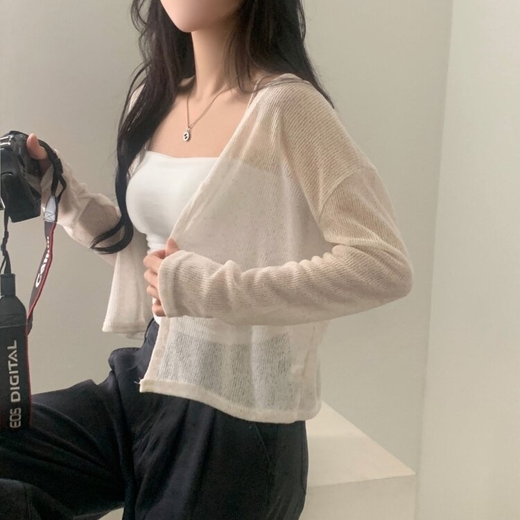 シースルーリネンクロップ長袖ニットカーディガン IVORY