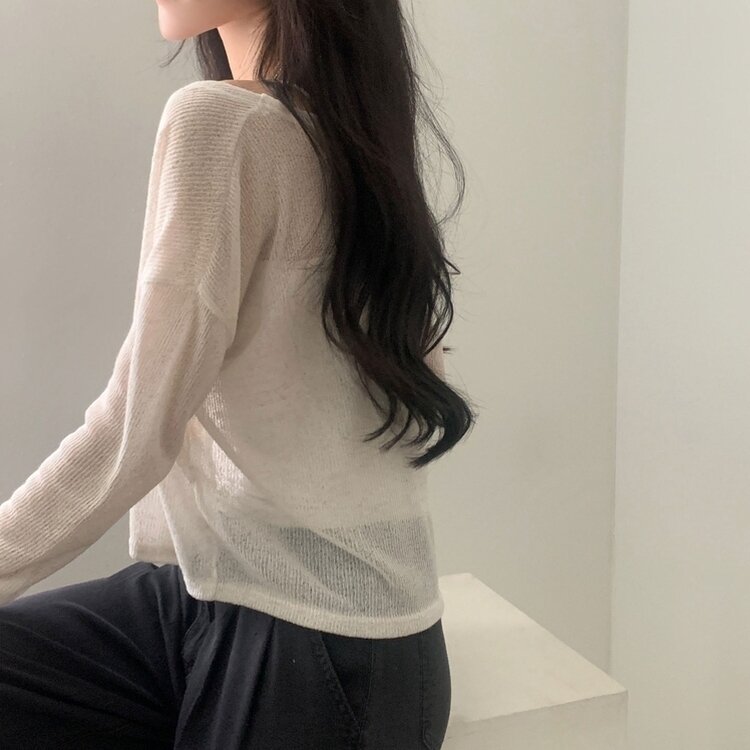 シースルーリネンクロップ長袖ニットカーディガン IVORY