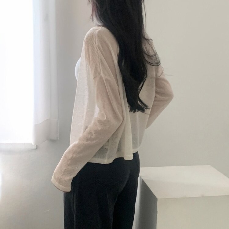 シースルーリネンクロップ長袖ニットカーディガン IVORY