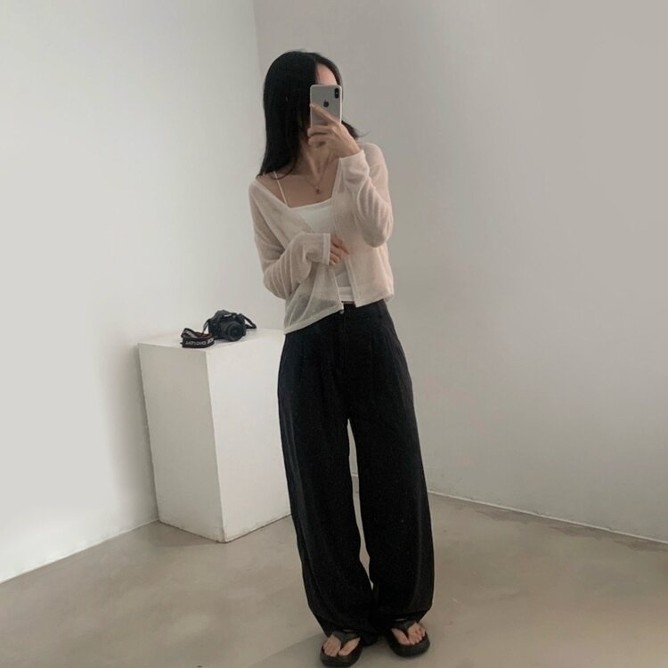 シースルーリネンクロップ長袖ニットカーディガン IVORY