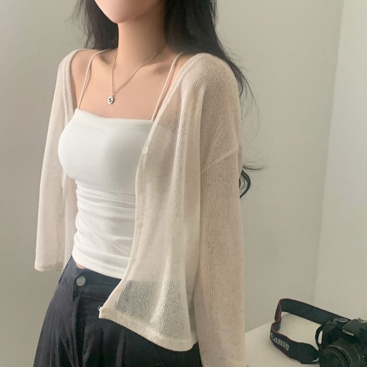 シースルーリネンクロップ長袖ニットカーディガン IVORY