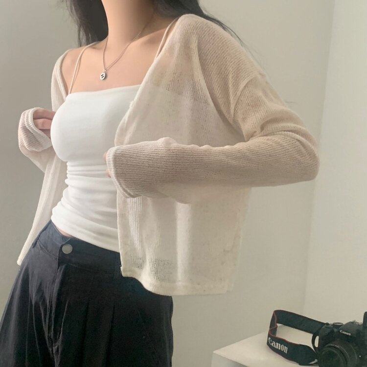 シースルーリネンクロップ長袖ニットカーディガン IVORY