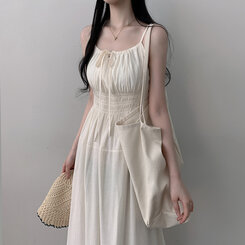 ロングワンピース リボンバンディングノースリーブロングワンピース WHITE