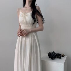 ロングワンピース リボンバンディングノースリーブロングワンピース WHITE