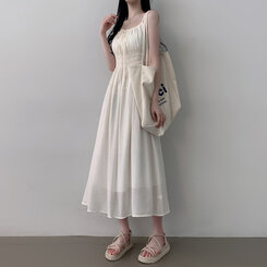 ロングワンピース リボンバンディングノースリーブロングワンピース WHITE