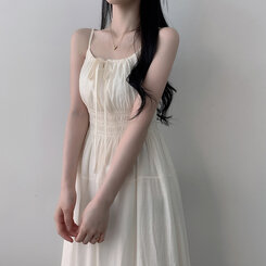 ロングワンピース リボンバンディングノースリーブロングワンピース WHITE