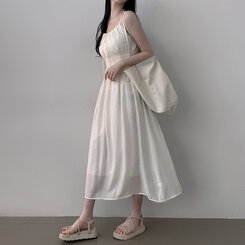 ロングワンピース リボンバンディングノースリーブロングワンピース WHITE