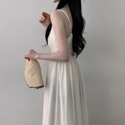 ロングワンピース リボンバンディングノースリーブロングワンピース WHITE