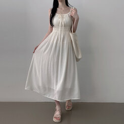 ロングワンピース リボンバンディングノースリーブロングワンピース WHITE