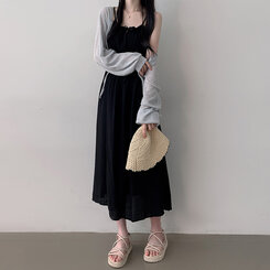 ロングワンピース リボンバンディングノースリーブロングワンピース BLACK