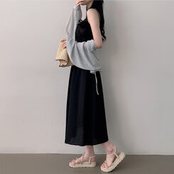 ロングワンピース リボンバンディングノースリーブロングワンピース BLACK