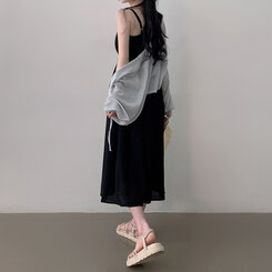 ロングワンピース リボンバンディングノースリーブロングワンピース BLACK