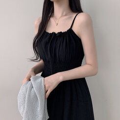 ロングワンピース リボンバンディングノースリーブロングワンピース BLACK