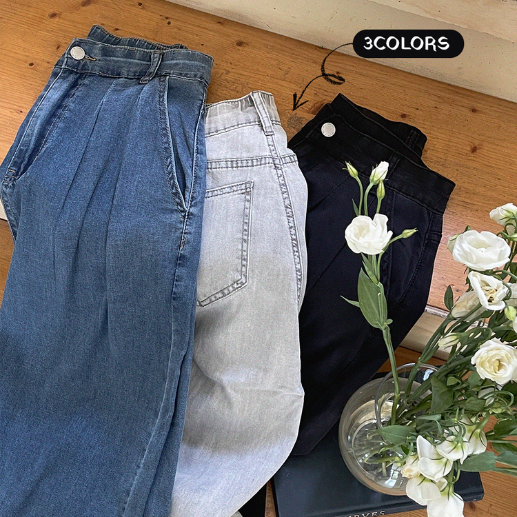 [숏/베이직/롱,S~2XL] 허리잘록 투핀턱 텐셀 와이드 여름 데님팬츠
