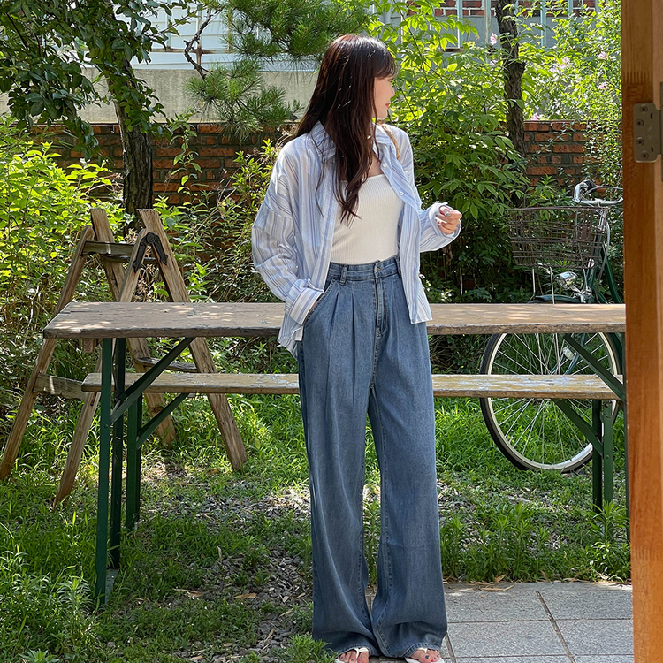 [숏/베이직/롱,S~2XL] 허리잘록 투핀턱 텐셀 와이드 여름 데님팬츠 중청