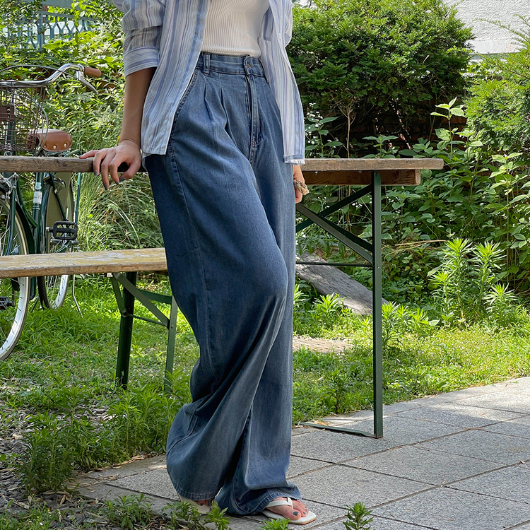 [숏/베이직/롱,S~2XL] 허리잘록 투핀턱 텐셀 와이드 여름 데님팬츠 중청