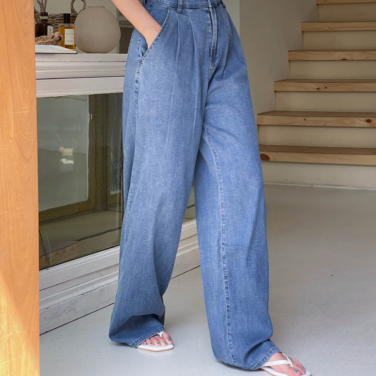 [숏/베이직/롱,S~2XL] 허리잘록 투핀턱 텐셀 와이드 여름 데님팬츠 중청