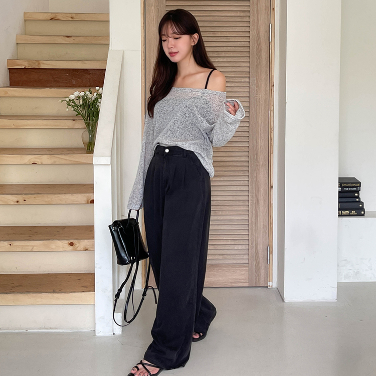 [숏/베이직/롱,S~2XL] 허리잘록 투핀턱 텐셀 와이드 여름 데님팬츠 블랙
