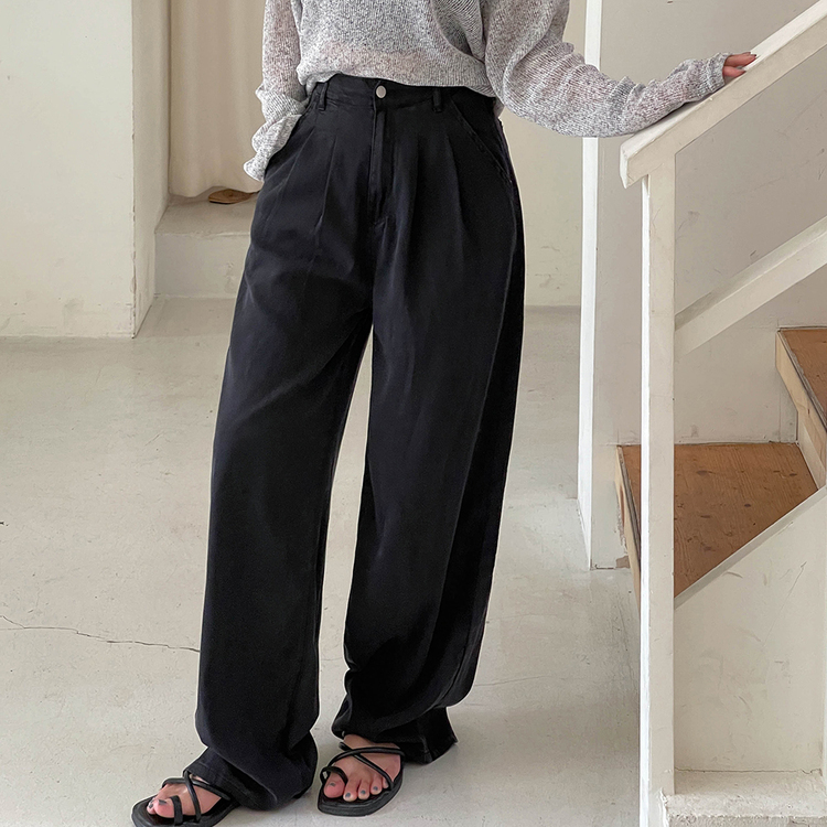 [숏/베이직/롱,S~2XL] 허리잘록 투핀턱 텐셀 와이드 여름 데님팬츠 블랙