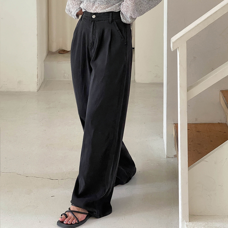 [숏/베이직/롱,S~2XL] 허리잘록 투핀턱 텐셀 와이드 여름 데님팬츠 블랙
