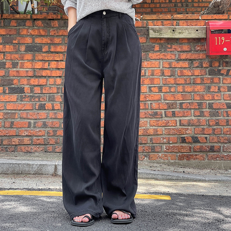 [숏/베이직/롱,S~2XL] 허리잘록 투핀턱 텐셀 와이드 여름 데님팬츠 블랙