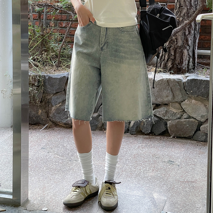 [버뮤다팬츠/S~XL] 빈티지 워싱 컷팅 데님 반바지 연청