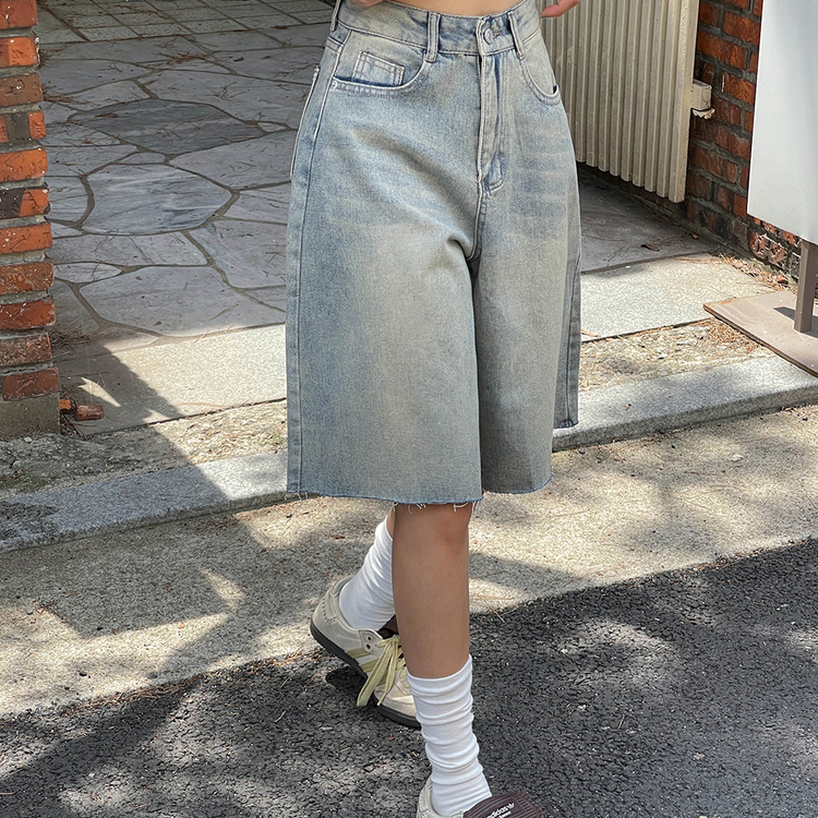 [버뮤다팬츠/S~XL] 빈티지 워싱 컷팅 데님 반바지 연청