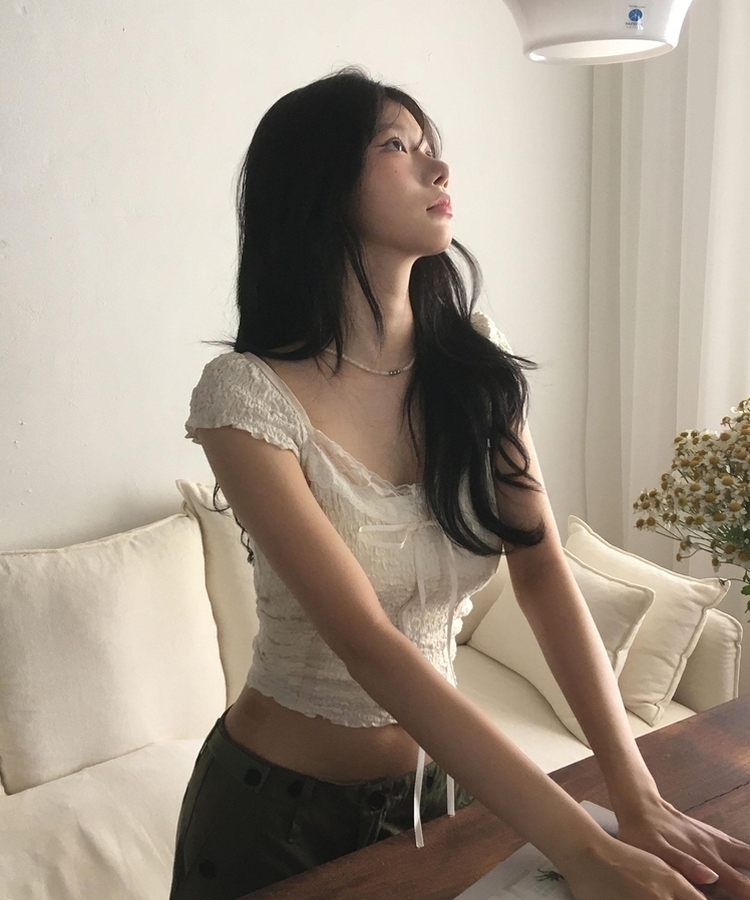 レースリボン半袖ブラウスTシャツ IVORY