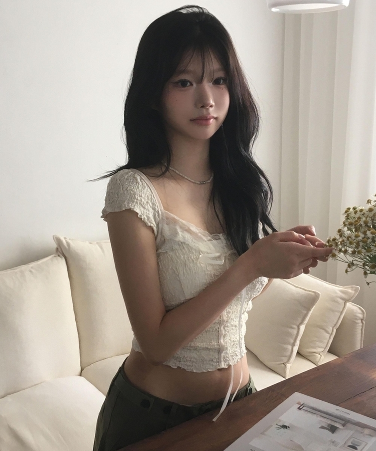 レースリボン半袖ブラウスTシャツ IVORY