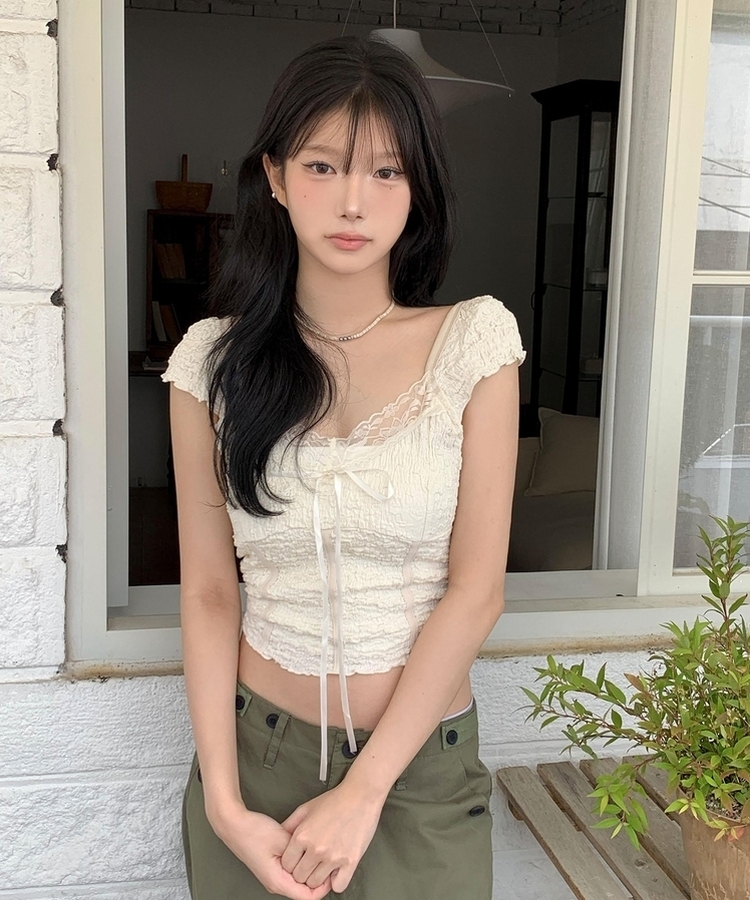 レースリボン半袖ブラウスTシャツ IVORY