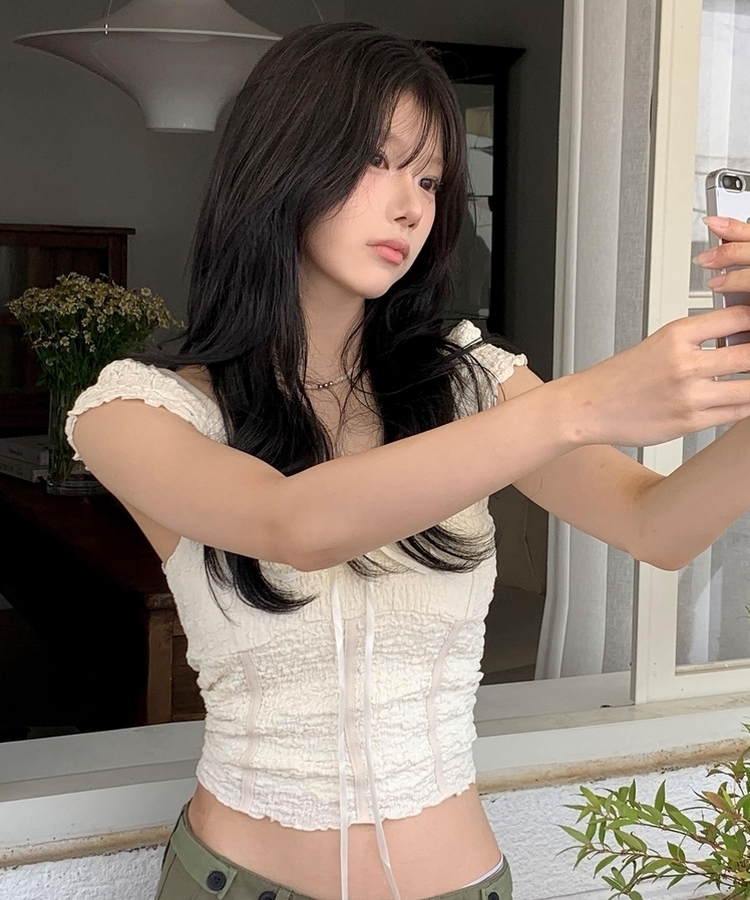 レースリボン半袖ブラウスTシャツ IVORY