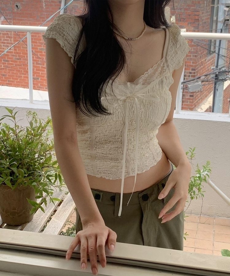 レースリボン半袖ブラウスTシャツ IVORY