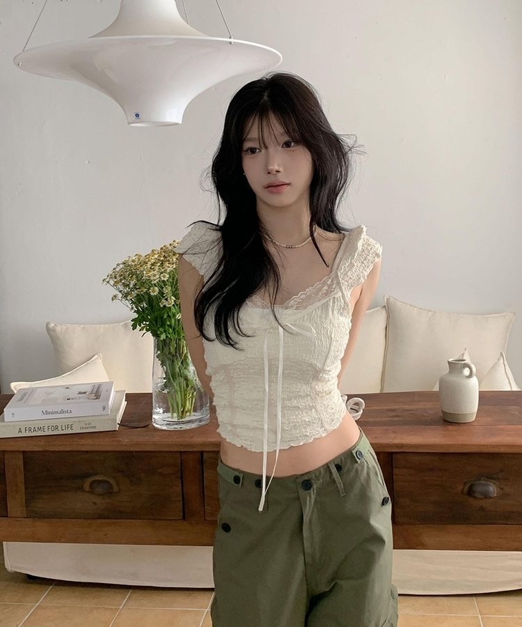 レースリボン半袖ブラウスTシャツ IVORY