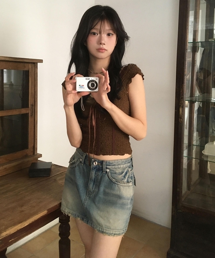 レースリボン半袖ブラウスTシャツ BROWN