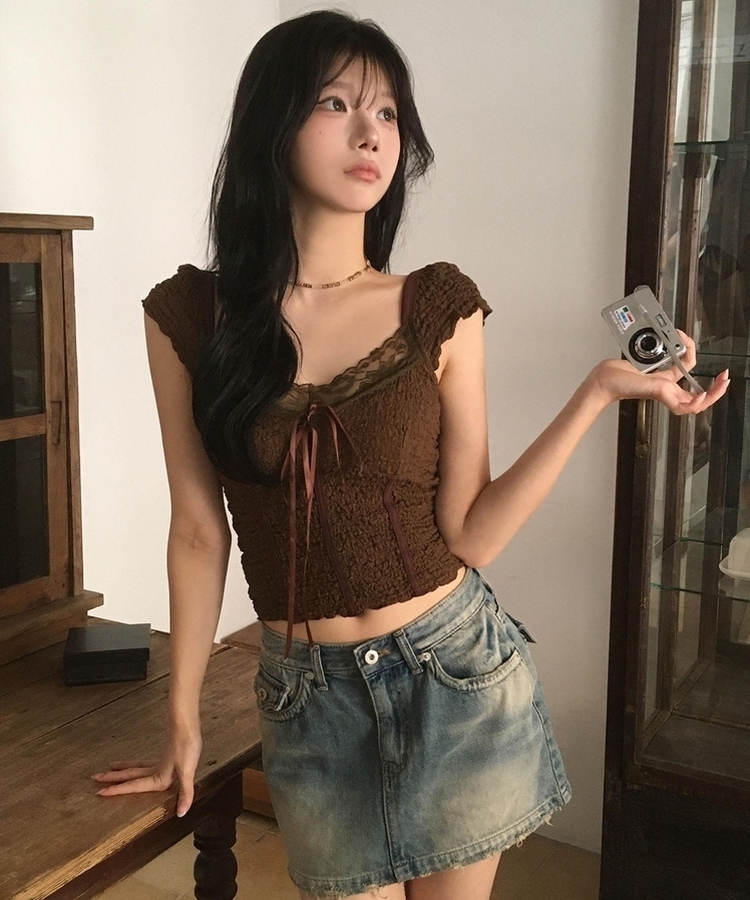 レースリボン半袖ブラウスTシャツ BROWN