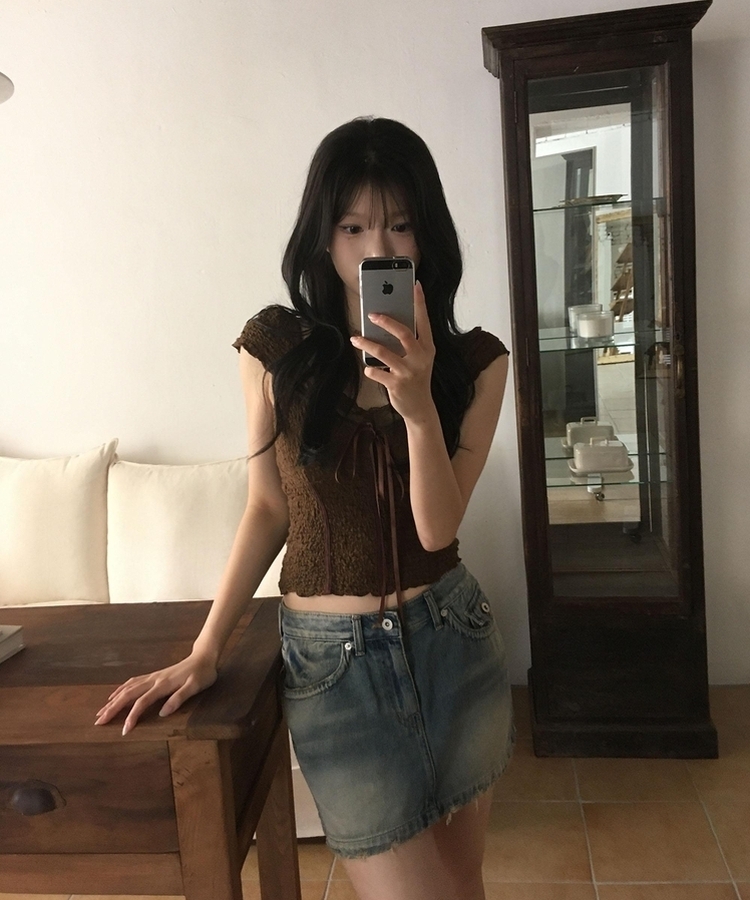 レースリボン半袖ブラウスTシャツ BROWN