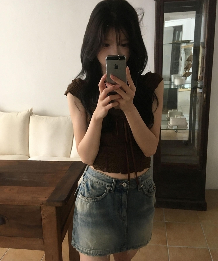 レースリボン半袖ブラウスTシャツ BROWN