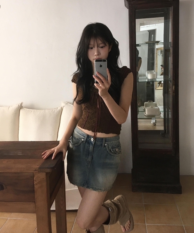 レースリボン半袖ブラウスTシャツ BROWN