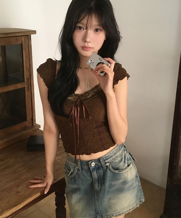 レースリボン半袖ブラウスTシャツ BROWN