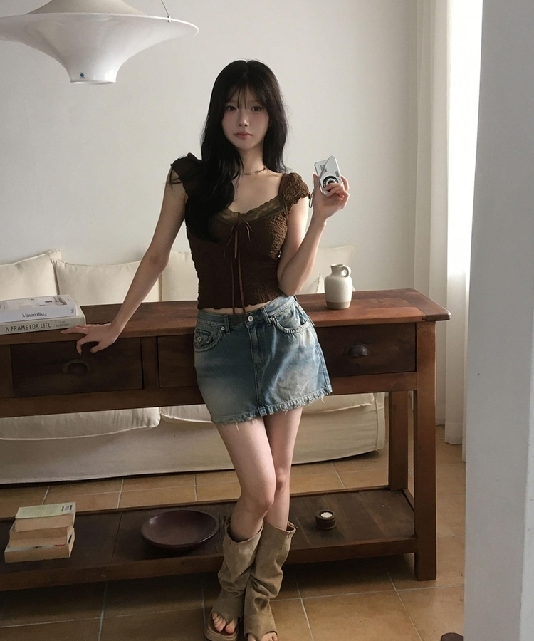 レースリボン半袖ブラウスTシャツ BROWN