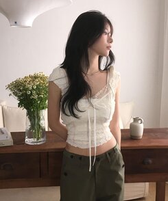 ブラウス レースリボン半袖ブラウスTシャツ IVORY