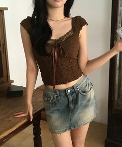ブラウス レースリボン半袖ブラウスTシャツ BROWN