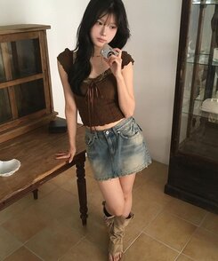 ブラウス レースリボン半袖ブラウスTシャツ BROWN