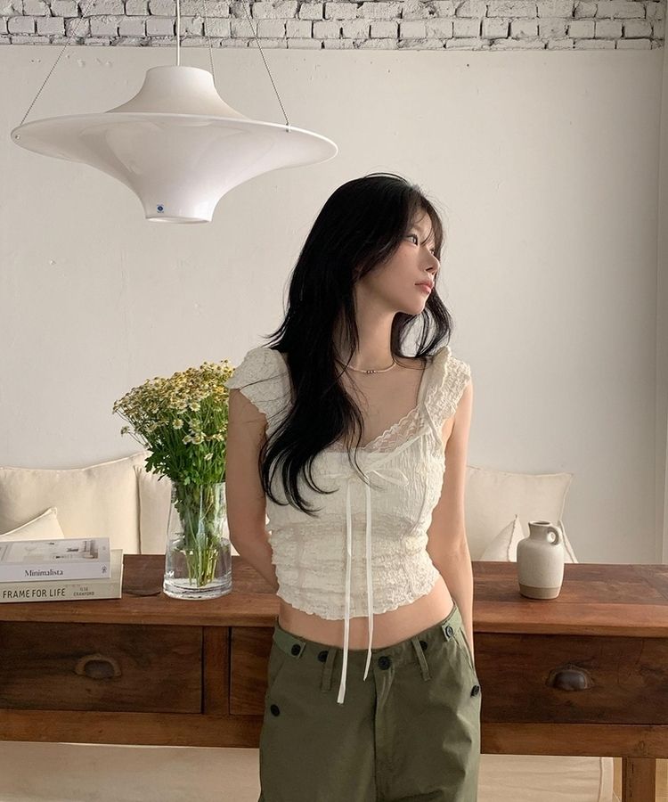 レースリボン半袖ブラウスTシャツ IVORY