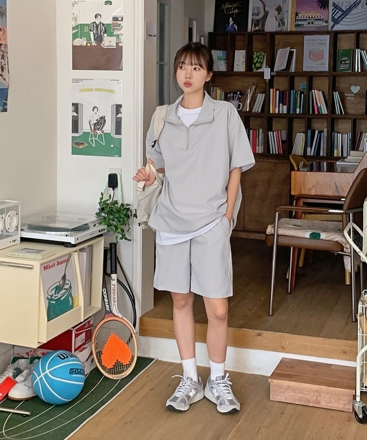 SET】ハーフジップ半袖Tシャツ バンディングハーフパンツ｜ツーピース
