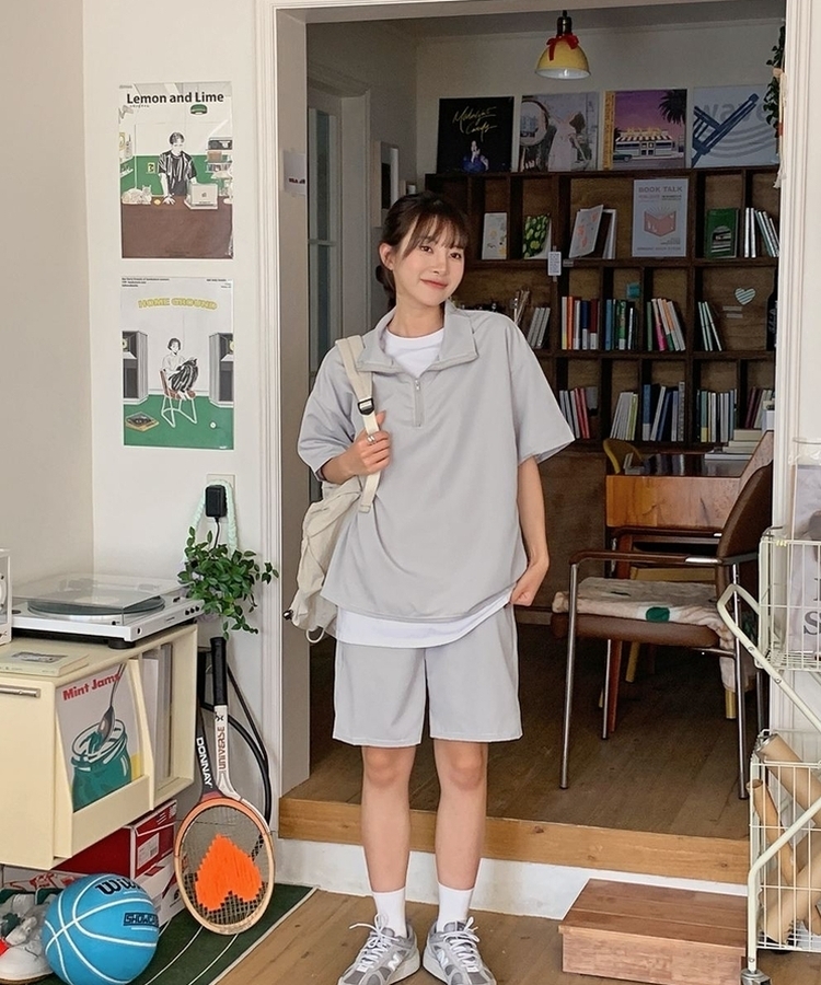 SET】ハーフジップ半袖Tシャツ バンディングハーフパンツ｜ツーピース