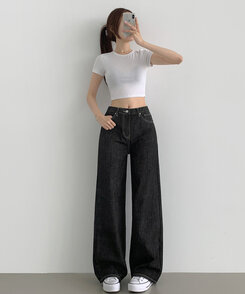 2XL4계절 논페이드 생지 뒷밴딩 와이드핏 데님팬츠 블랙